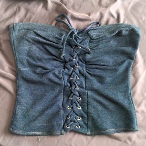 Turquoise strapless lace up top